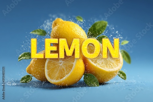 Bright yellow lemons with green leaves and water splashes on blue background fruit citrus