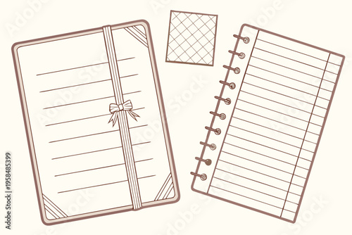 Vector illustration of various blank stationery items including a ribbon-bound notebook, spiral pad, and grid paper, ready for your personalized notes.