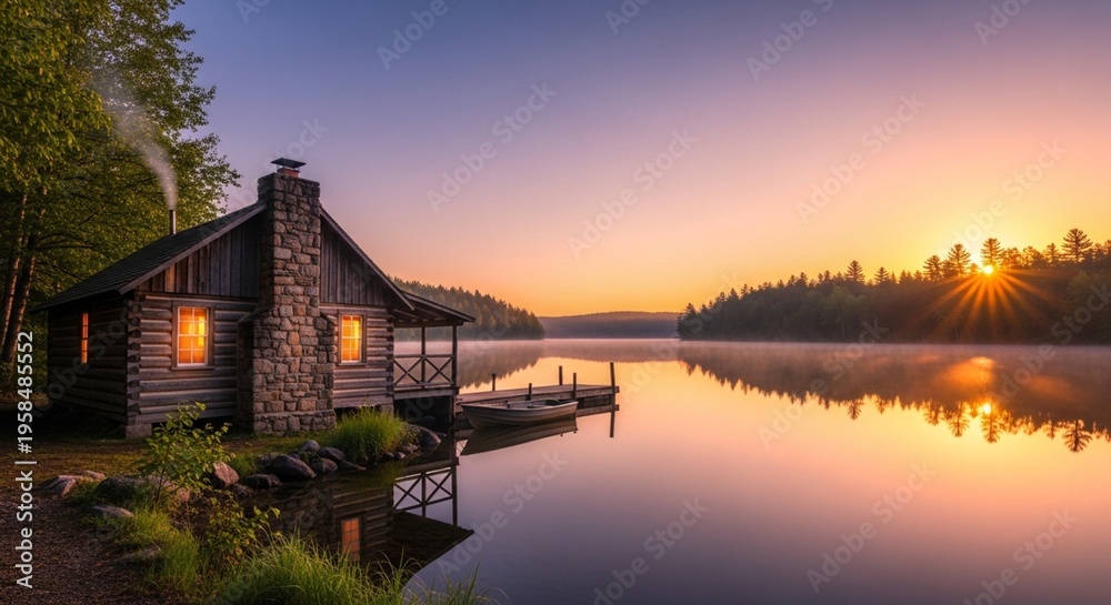 Fototapeta premium Cozy Rustic Cabin by Tranquil Lake at Sunrise