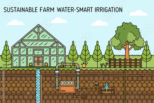 Illustration of a sustainable farm with greenhouse irrigation and water management
