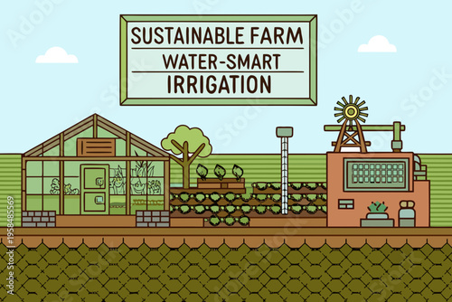 Illustration of a sustainable farm with water smart irrigation systems