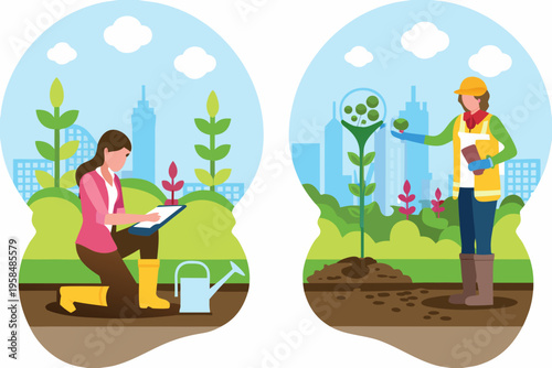 Women studying and nurturing plant life within an urban environment