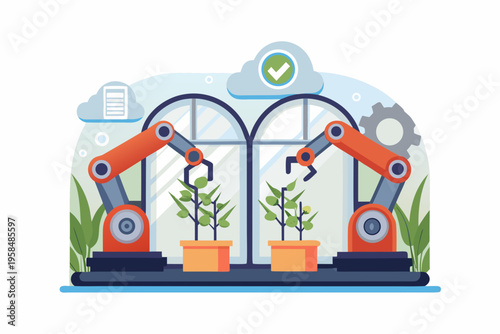 Automated greenhouse with robotic arms tending to growing plants indoors