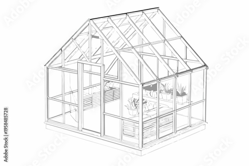 Line drawing of a small transparent greenhouse with plants inside