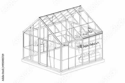 Architectural rendering of a transparent greenhouse with interior plants