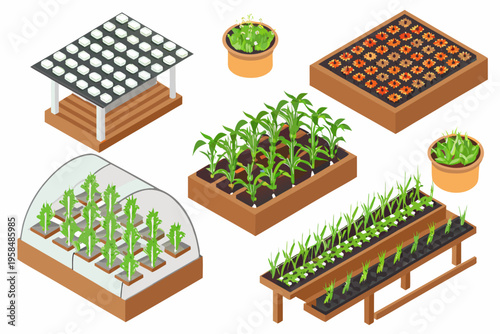 Isometric view of various garden beds and greenhouse structures