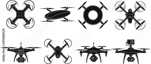 Drone silhouette collection, diverse UAV designs, quadcopter and camera drones, unmanned aerial technology icons, modern minimal black vector illustration concept