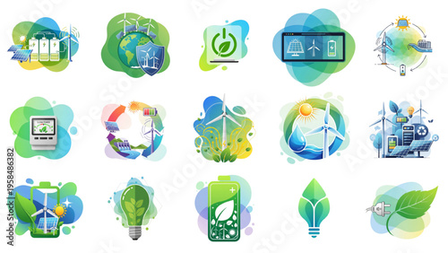 Renewable Energy Flat Vector Set with Solar Panels Wind Turbines Green Eco Technology Symbols and Sustainable Power Infrastructure Illustrations for Environmental Conservation and Clean Electricity