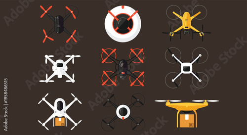 Drone technology collection, quadcopter designs grid, unmanned aerial vehicles, diverse propeller configurations, modern innovation concept, aerial photography and delivery applications illustration