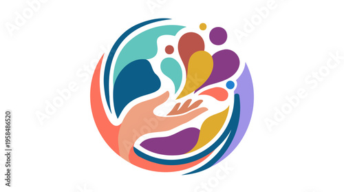 A vibrant, colorful abstract logo featuring a hand reaching up amidst a swirl of diverse, flowing shapes and splashes, symbolizing creativity, care, and community.