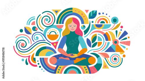 Colorful abstract illustration of a person meditating in a lotus position, surrounded by geometric and organic shapes, symbolizing balance and mindfulness.