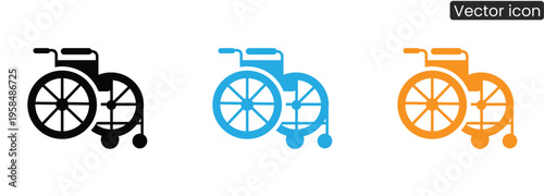 Three colorful wheelchair icons in black, blue, and orange, ideal for illustrating accessibility, healthcare, or disability-related themes in digital and print media