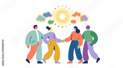 Diverse group of people holding hands, symbolizing unity, teamwork, and shared ideas under a bright sun.