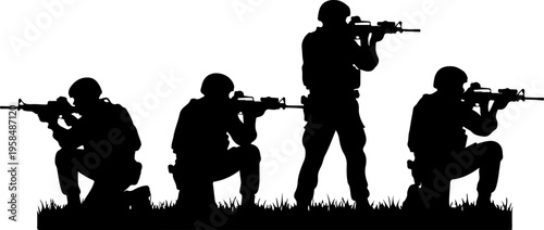 Army soldiers with sniper rifle on duty vector silhouette on whote background, Jawan black silhouettes collection