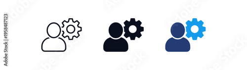 User profile settings gear icon set. Account settings, management, personal customization, preferences, and manage member profile configuration symbols.