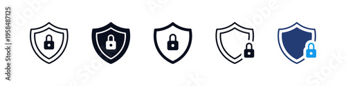 Security shield icon and padlock icon symbol. Data protection, cyber security privacy, and digital safety lock system symbols. web vector icons