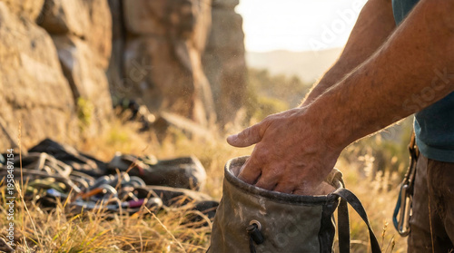Climber Preparing for Rock Climbing with Chalk Bag Outdoors