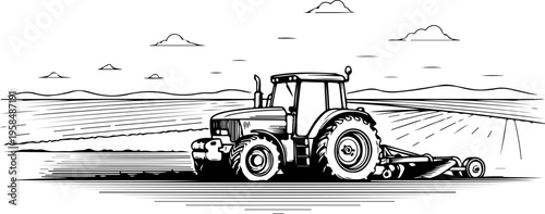 tracktor field landscape engraving black and white outline