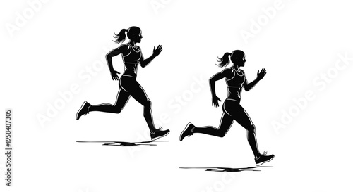 Female runners silhouette illustration, athletic motion stride sequence, fitness training concept, black vector design, modern minimal sports artwork, dynamic posture study