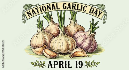 National Garlic Day illustration with garlic bulbs and cloves isolated on transparent background