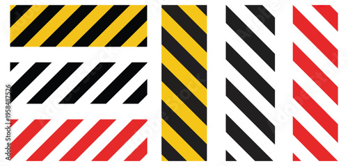 Road warning tape in yellow, black and red diagonal stripes line, caution tape border with seamless and stretched patterns, warning stop hazard stripes, industrial safety marking elements, modern 