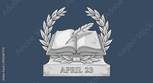 World Book and Copyright Day emblem with laurel wreath and quill isolated on transparent background
