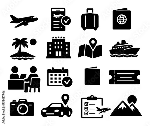 Travel Agency Service Icons Set – Booking, Vacation Planning, Tourism and Transport Silhouettes