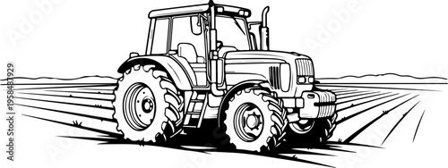 tracktor field landscape engraving black and white outline