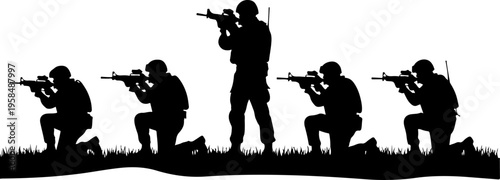 Army soldiers with sniper rifle on duty vector silhouette on whote background, Jawan black silhouettes collection