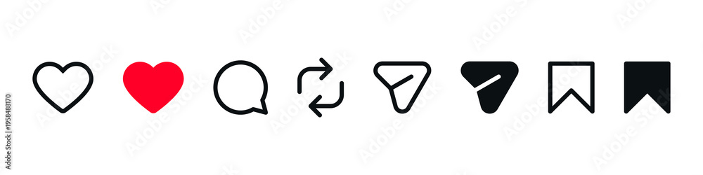 Fototapeta premium instagram like icon, love, comment, repost, save, share icon signs - social media notification like comment, share icons. social network post reactions collection set. vector illustration
