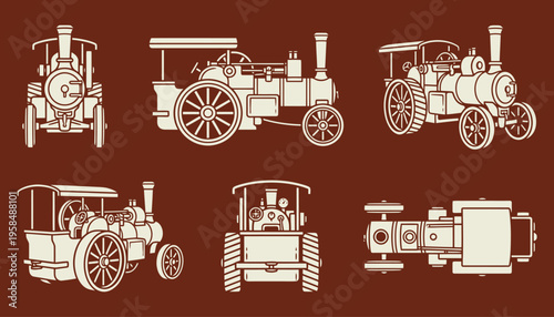 Vintage Steam Engine Vector Illustrations Set from Multiple Angles