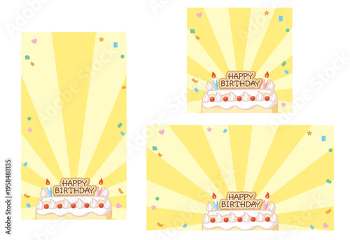 誕生日ケーキと紙吹雪のSNS向けバナー背景セット 正方形・縦長・横長 / Birthday cake and confetti banner background set