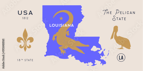 Louisiana state map USA emblem, 1812 statehood sign. Traditional USA state map Louisiana history, regional symbol. Quality map Louisiana state USA icon. Vector Illustration