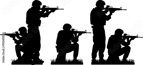 Army soldiers with sniper rifle on duty vector silhouette on whote background, Jawan black silhouettes collection