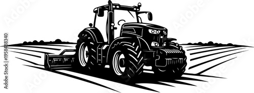 tracktor field landscape engraving black and white outline