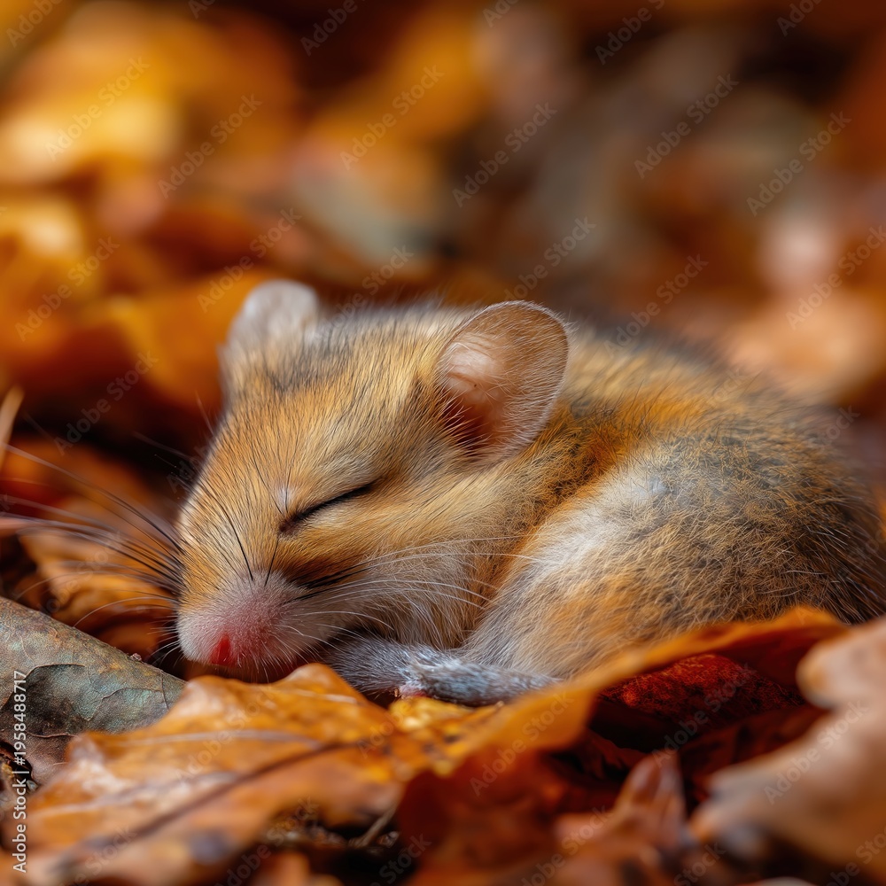 Fototapeta premium Sleeping Mouse Nestled in Autumn Leaves