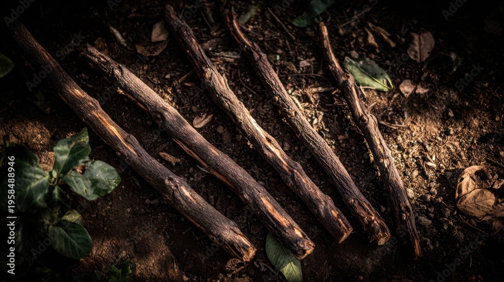 Fototapeta premium Harvested Licorice Roots Laid Out in a Diagonal Pattern on Soil Showing Natural Textures