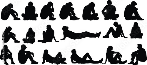Human silhouette collection seated and reclining positions, black vector illustration, modern minimal design, artistic posture icons, diverse body language concept