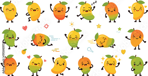 Cute mango characters set with funny emotions and poses, cartoon tropical fruit mascots smiling, dancing and sleeping, playful vector illustration for kids design