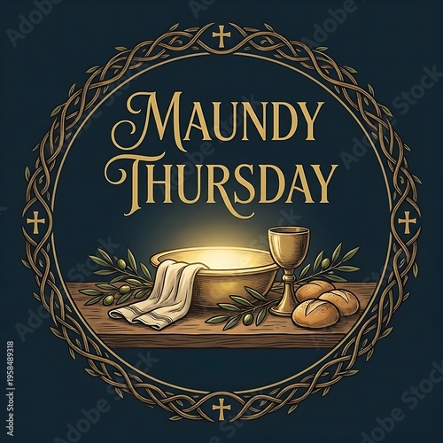 Maundy thursday logo with bread wine and olive branches
