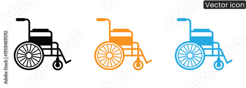 Vector illustration of three wheelchair icons in different colors, ideal for use in healthcare, accessibility, and disability-related projects