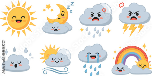 Cute weather icons set with sun, cloud, rain and storm elements, cartoon meteorology symbols for forecast, climate and season vector illustration