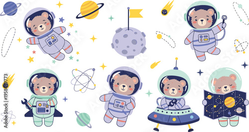 Cute teddy bears astronauts in space vector set with planets, rockets and stars, adorable cartoon animals in spacesuits, kids cosmic illustration collection