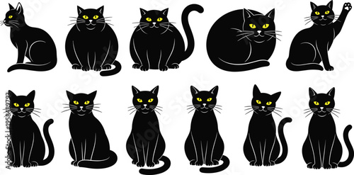 Black cat silhouette collection with various poses, cute domestic kitten set with yellow eyes, feline vector illustration.