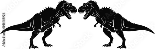 Two Tyrannosaurus Rex silhouettes facing each other, mirrored T-Rex dinosaur vector illustration on white background.