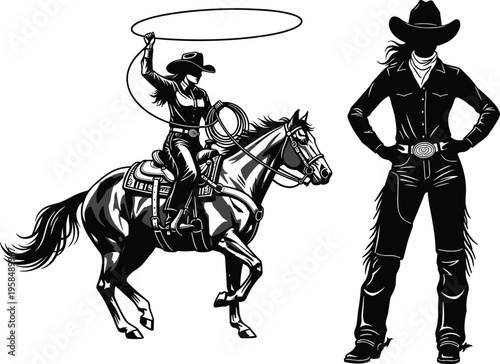 Cowgirl silhouette set with woman riding horse throwing lasso and standing cowgirl in traditional western attire.