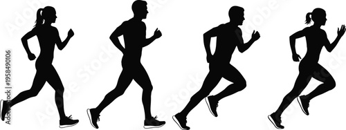Running silhouette sequence male and female figures, athletic motion progression, sprint posture illustration, black vector design, modern minimal sports concept