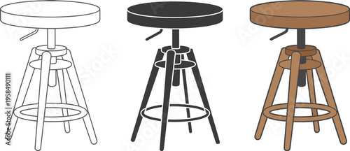 Adjustable bar stool chair set in outline black and wooden style, modern furniture seating illustration isolated on light background