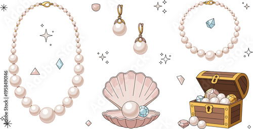 Elegant pearl jewelry vector set with necklace, earrings, bracelet, seashell and treasure chest, luxury accessories collection, vintage fashion illustration design