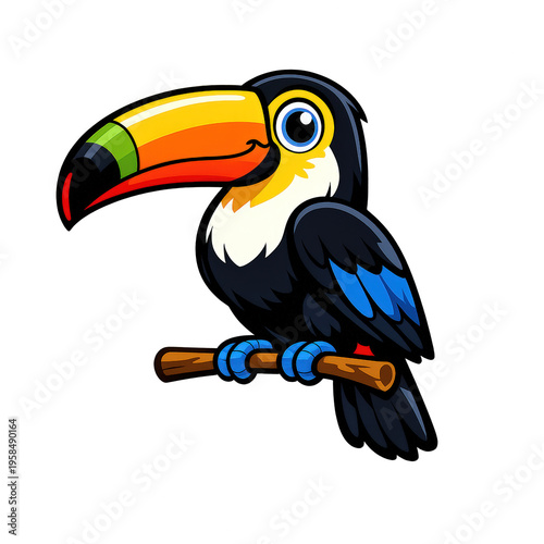 Toucan bird perched on branch with colorful wing and large beak in cartoon style, isolated on transparent background